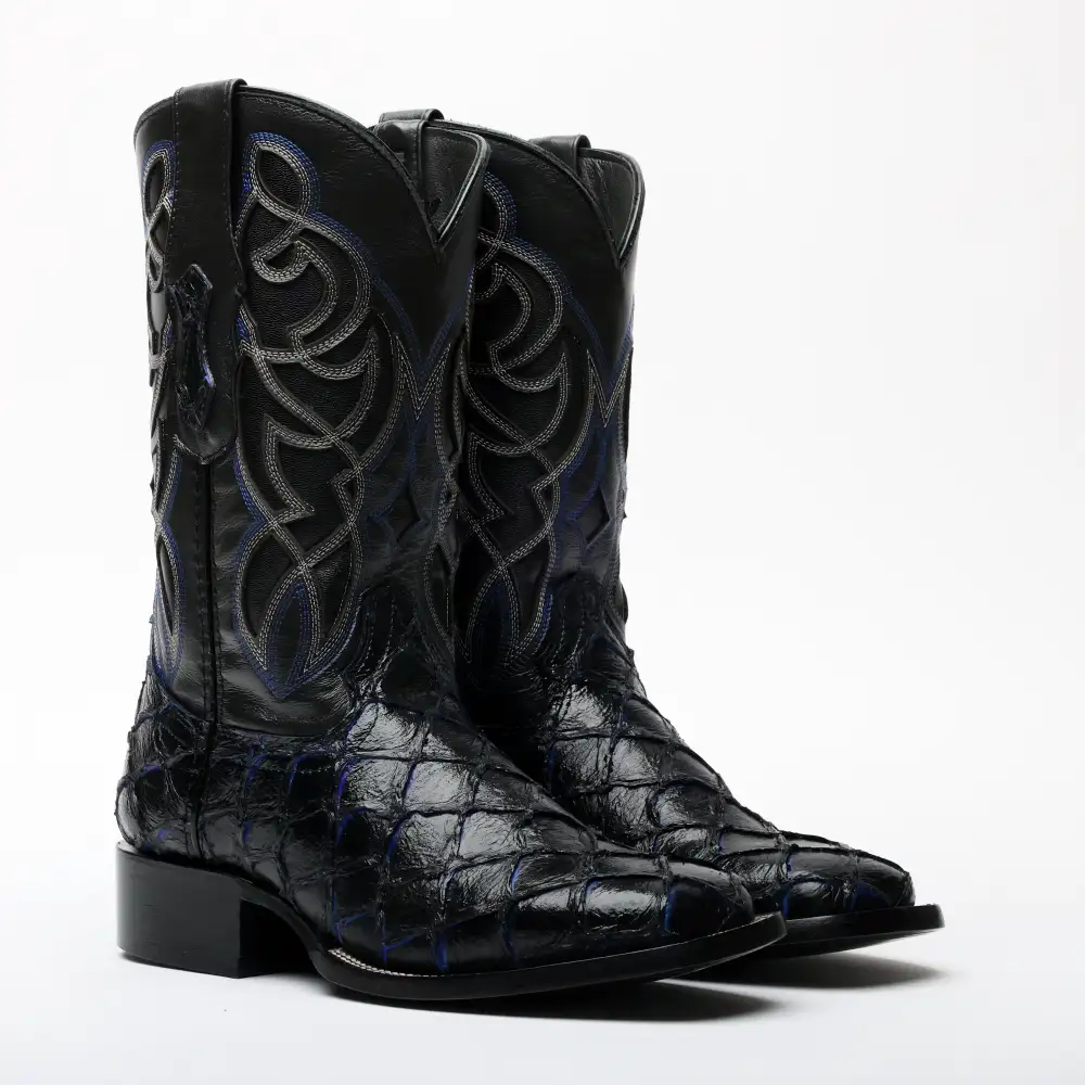 Black/Blue Pirarucu Leather Boots - Square Toe