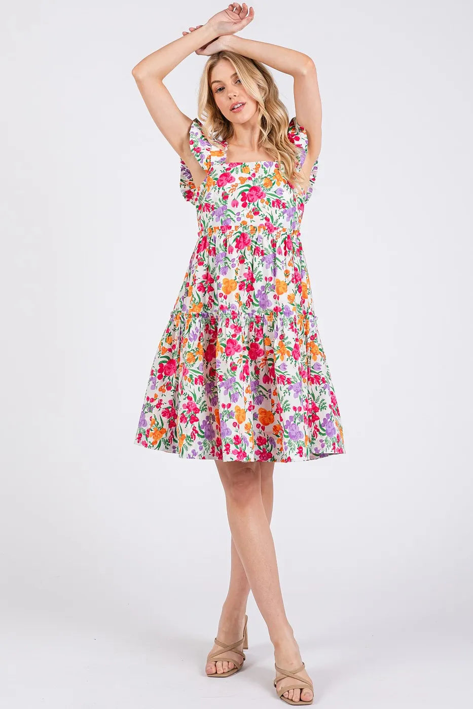 Mittoshop Flower Print Ruffle Shoulder A-line Mini Dress