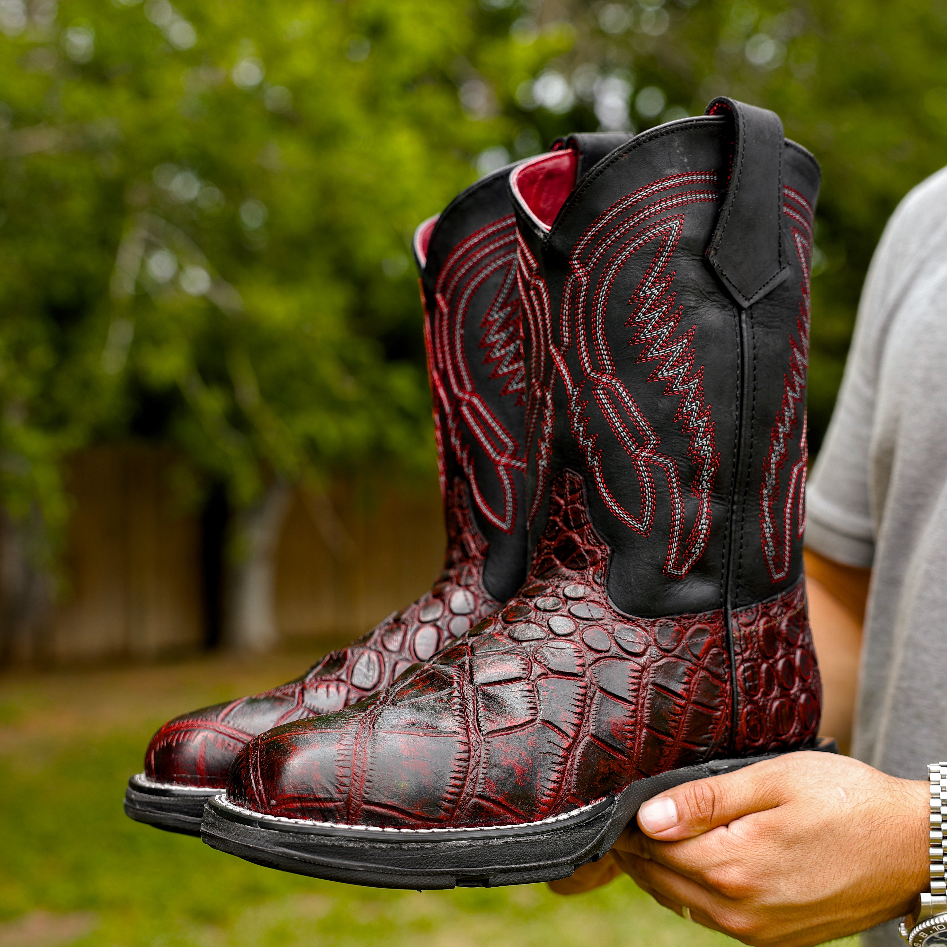 Black Cherry Caiman Belly Leather Boots With 3D Lightweight Sole - Composite Toe