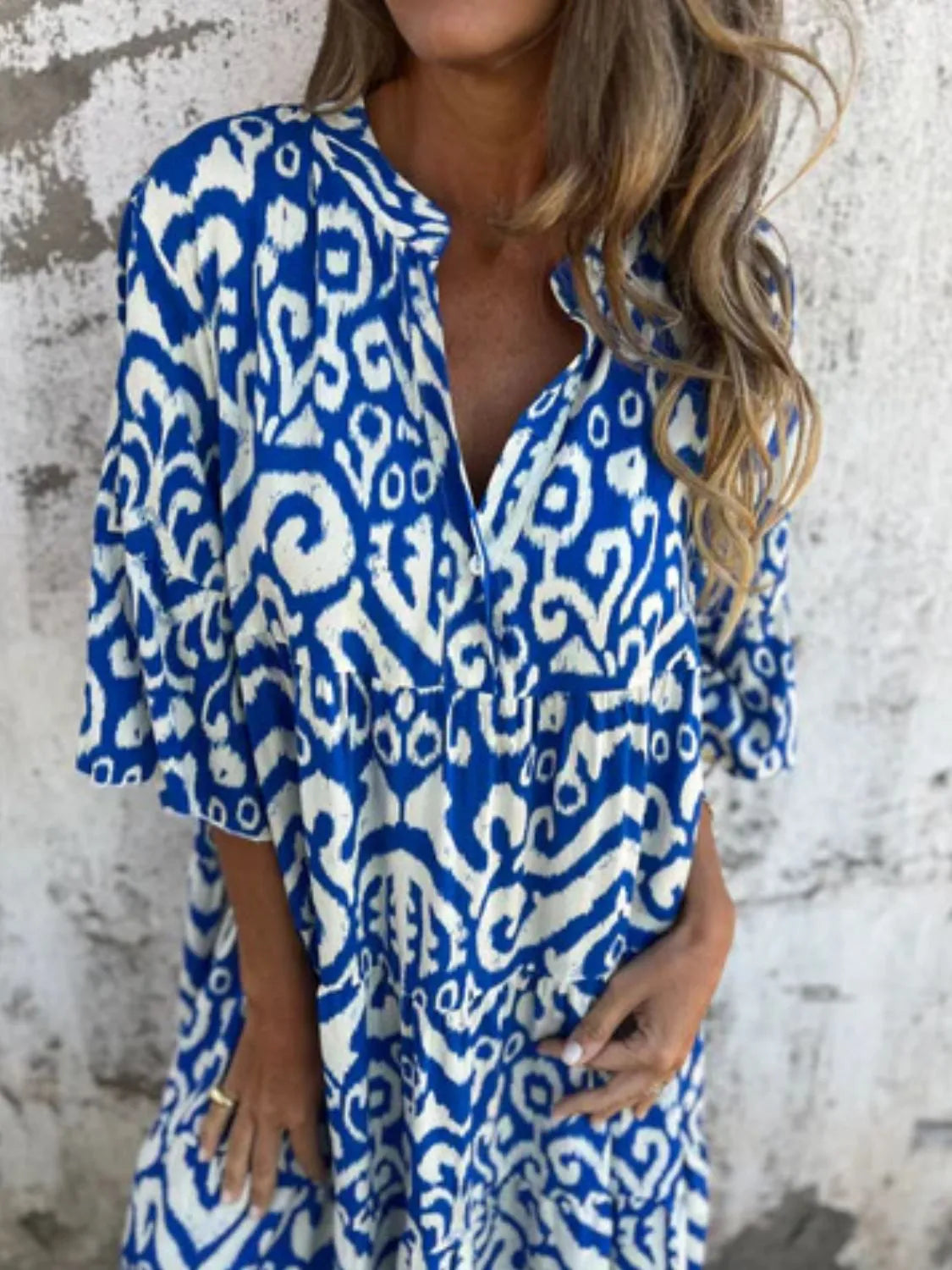 Plus Size Ethnic Print Notched Half Sleeve Midi Dress