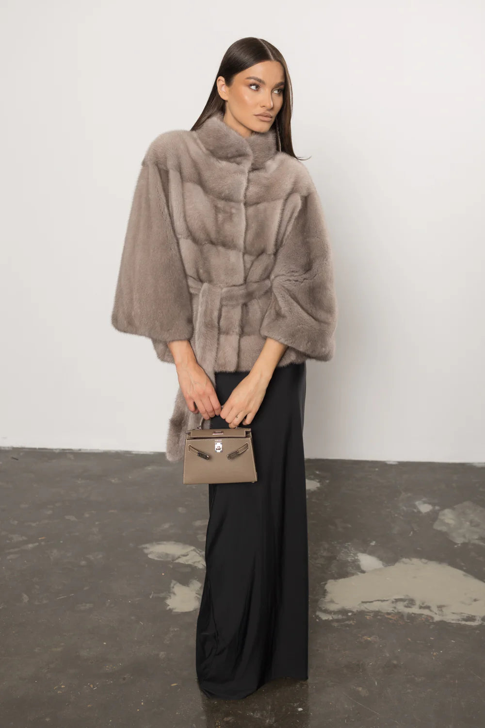 Haină din Blană Naturală de Vizon, cu Cordon, Femei, Silver Blue 406