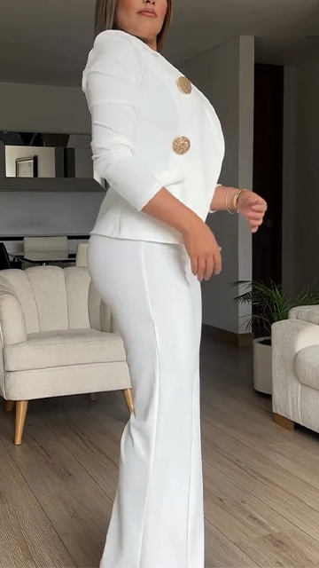 Women Collar Metal Buckle Decorative Top+ Pants Commuting Temperament Set