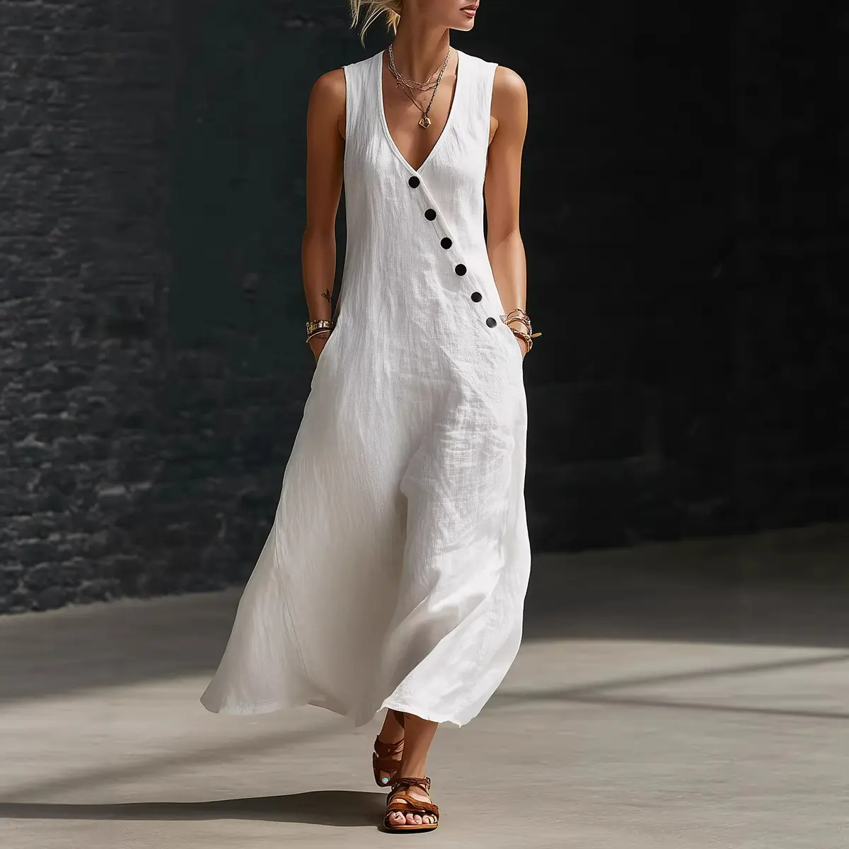 Boho Linen Maxi Dress - Perfect for Beach, Vacation & Brunch! Sleeveless V-Neck Button Detail Casual Dress with Pockets # SleevelessDress