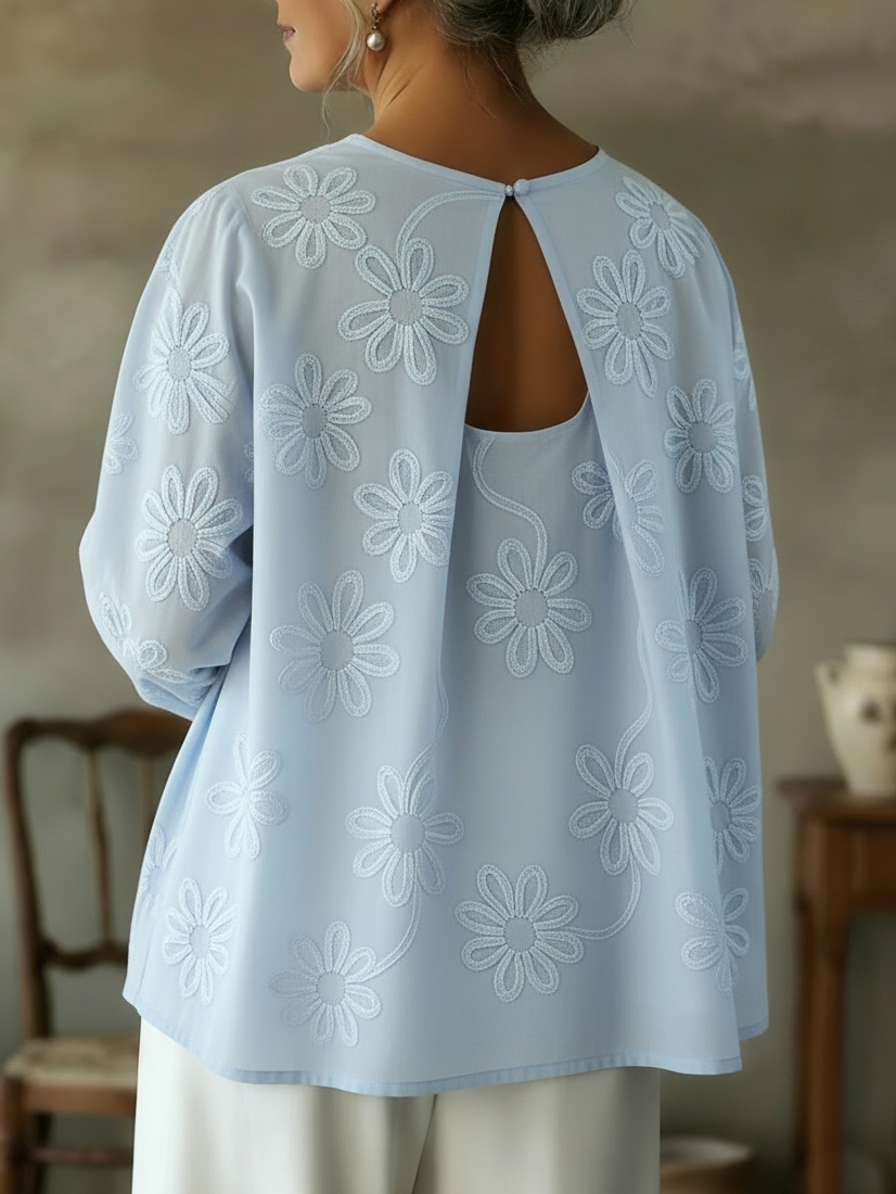 Romantic Floral Embroidered Cutout Design Blouse Shirt