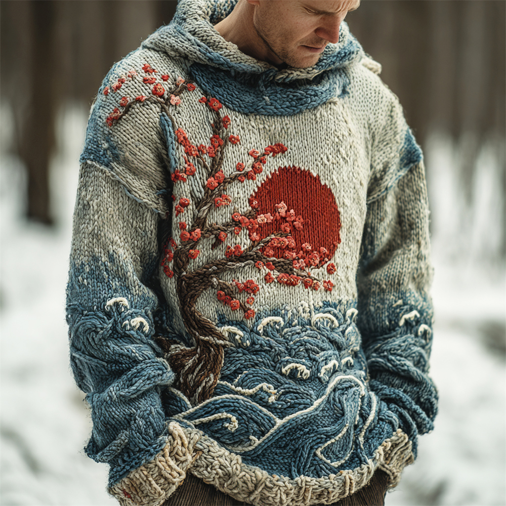 Japanese Red Sun & Ocean Art Men's Knit Hooded Sweater
