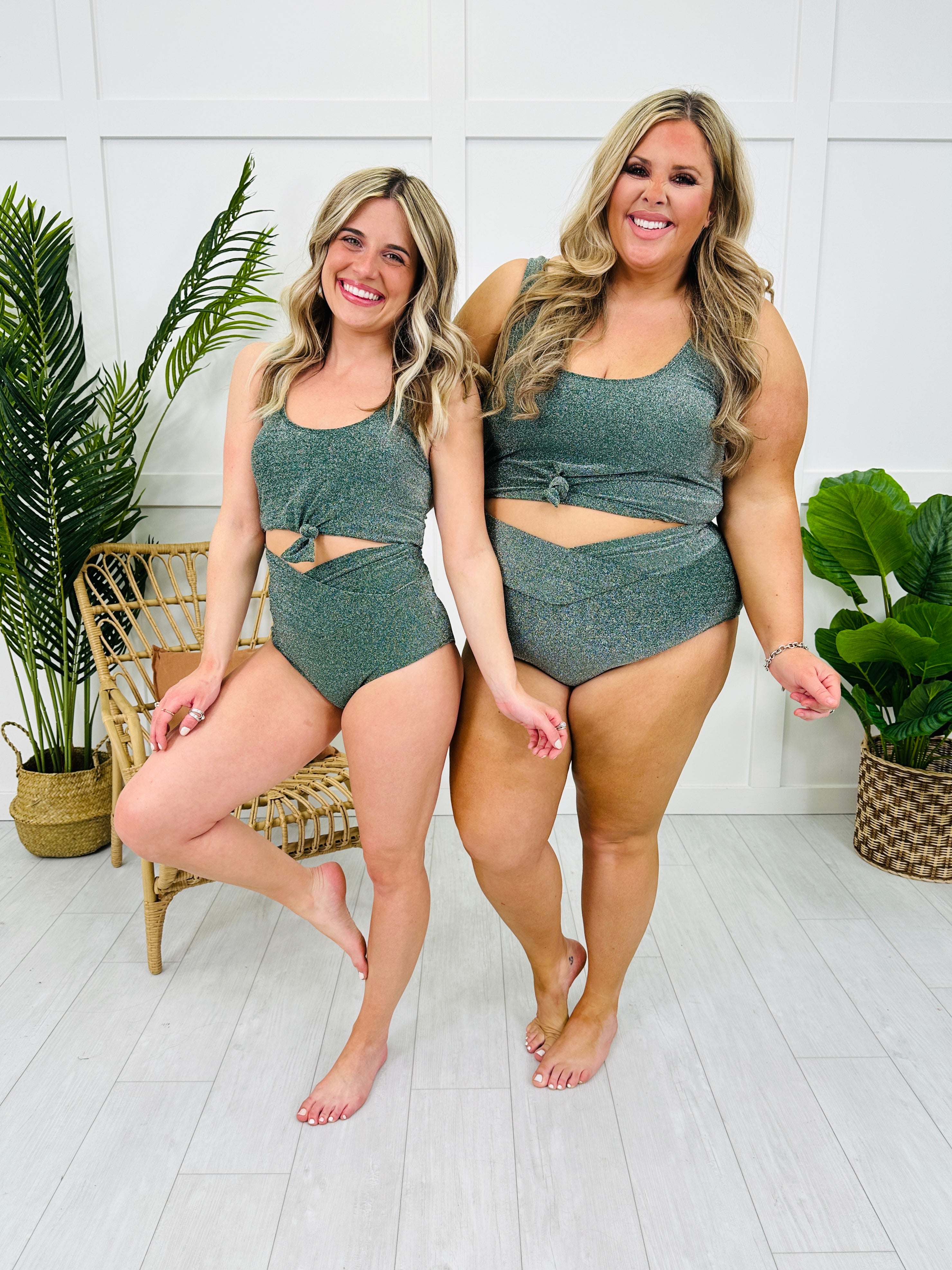 High Waisted V-Cut Swim Bottoms in Emerald Shimmer