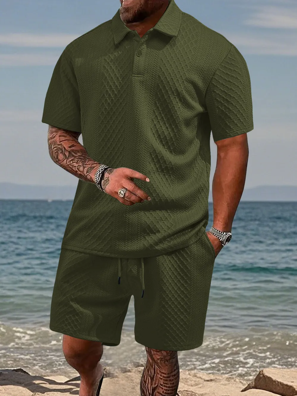 🔥Men's Solid Polo Shirt & Drawstring Waist Shorts Set, Cozy Breathable Two-piece Outfits for Daily Outdoor Wear, Men Clothes for Summer