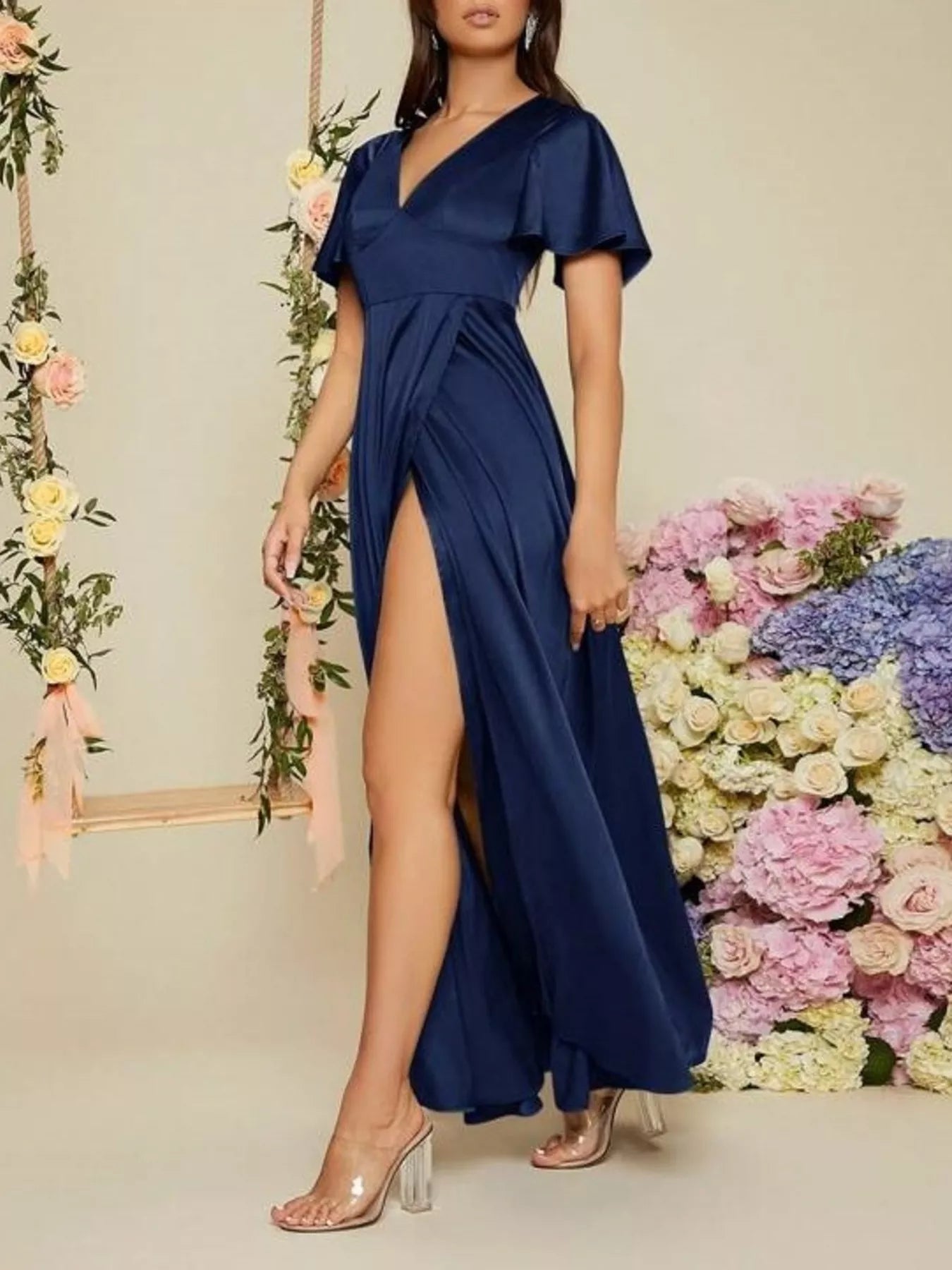 Flutter Sleeve Slit Maxi Dress
