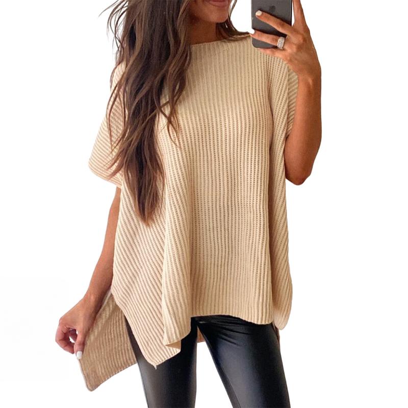 Women’s Oversized Ribbed Knit Top – Crew Neck Short Sleeve Pullover with Side Slit