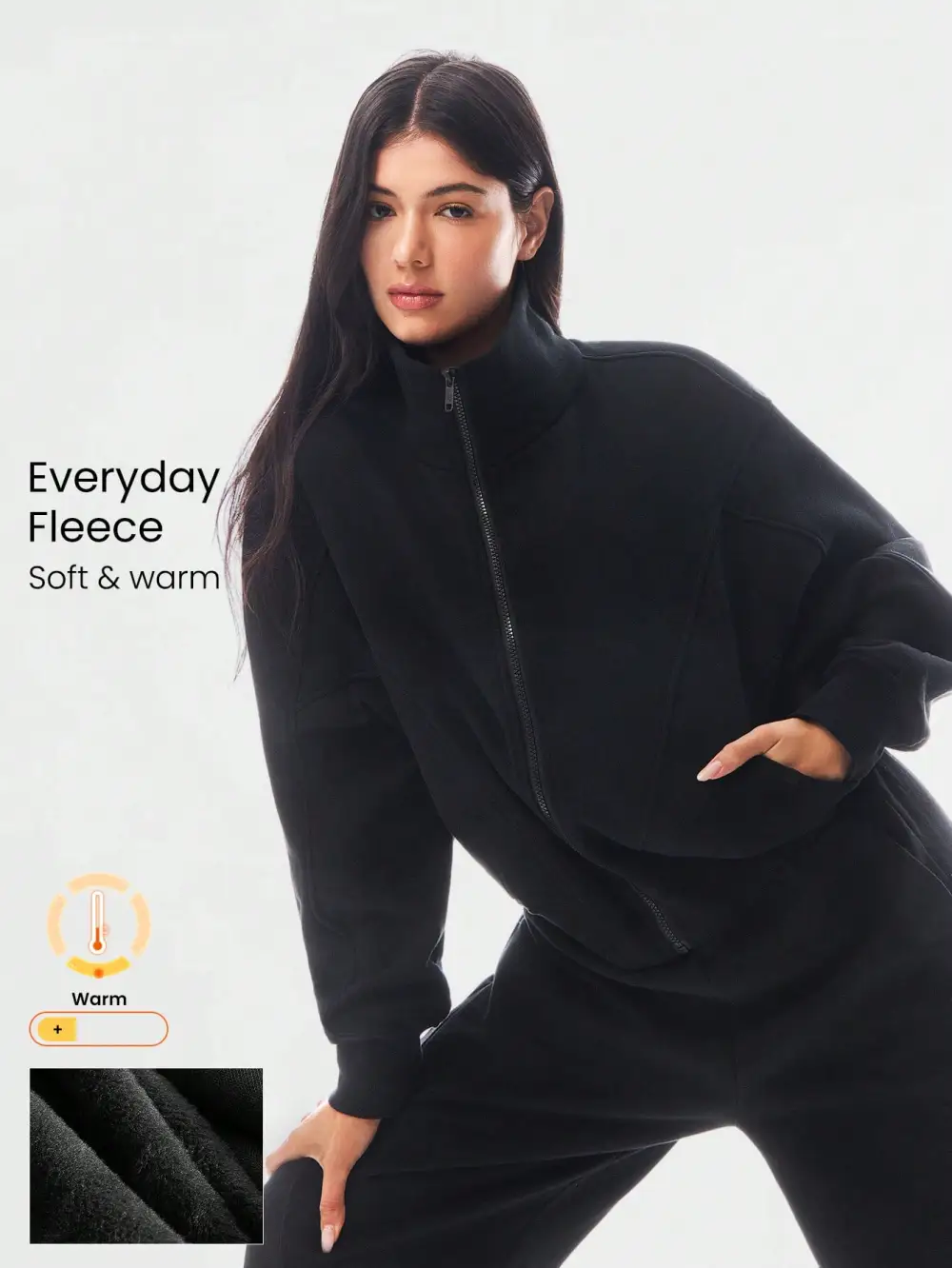 Everyday Fleece WarmthSoft Warm Lightweight Front Back Seam Detailing Pockets Batwing Sleeve High Neckline Full-Zip Jacket