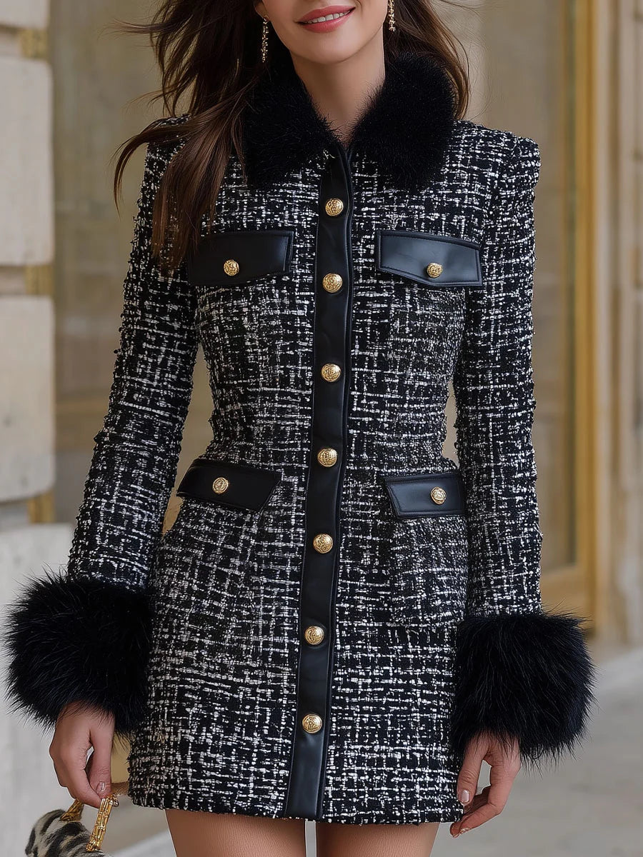Black & White Tweed Fur-Trimmed Coat Dress