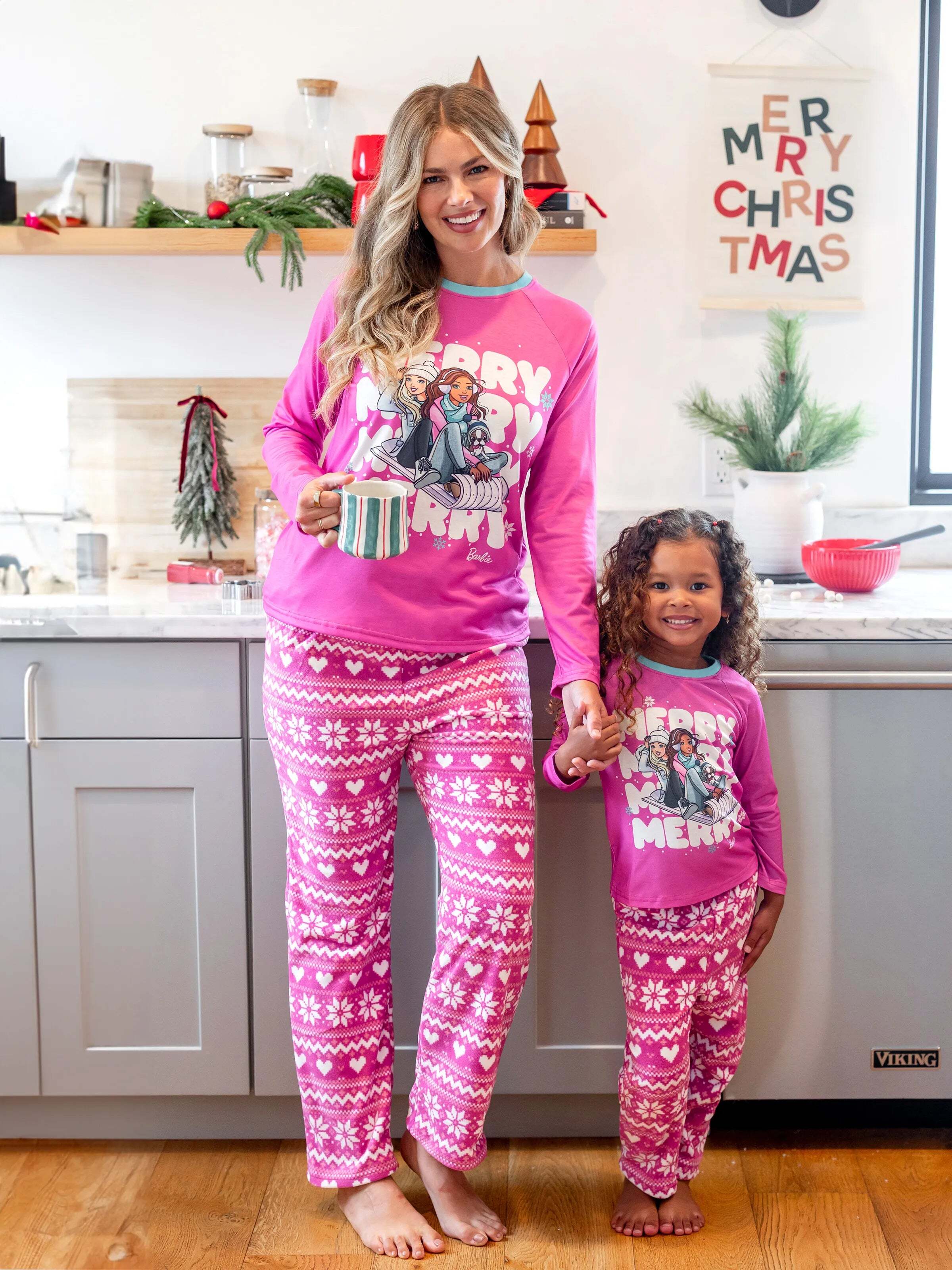 Barbie Christmas Mommy and Me Snowflake Print Pajamas Set Hot Pink