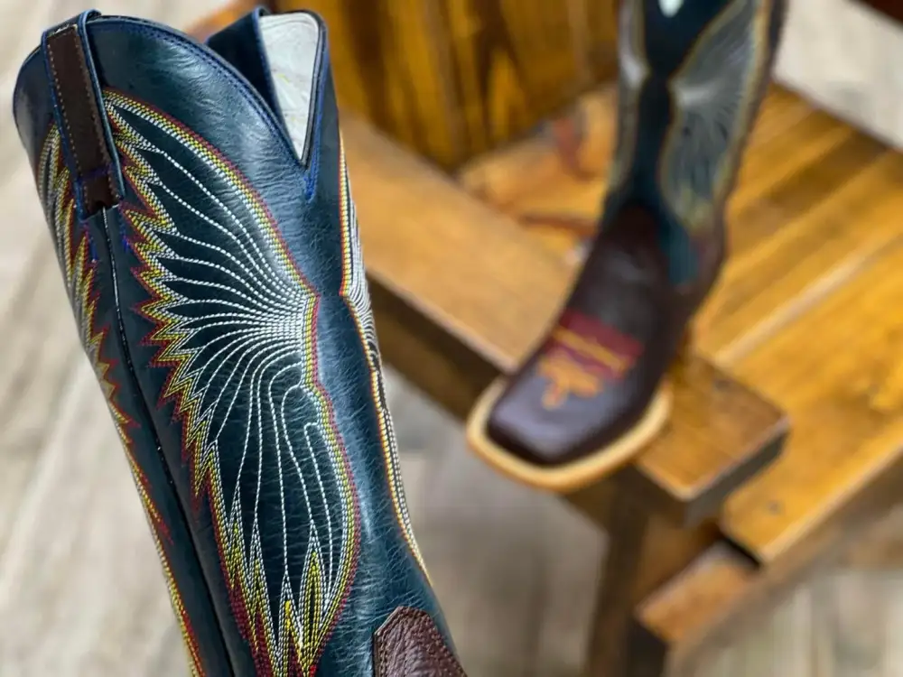 Men’s Brown Shoulder Leather Boots With Navy Blue Shaft