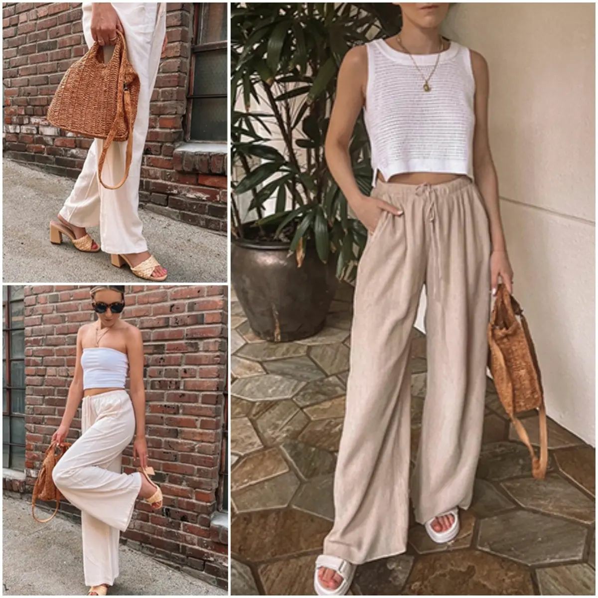 Women's Cotton Linen Summer Palazzo Pants Flowy Wide Leg Beach Trousers with Pockets Casual Womenswear
