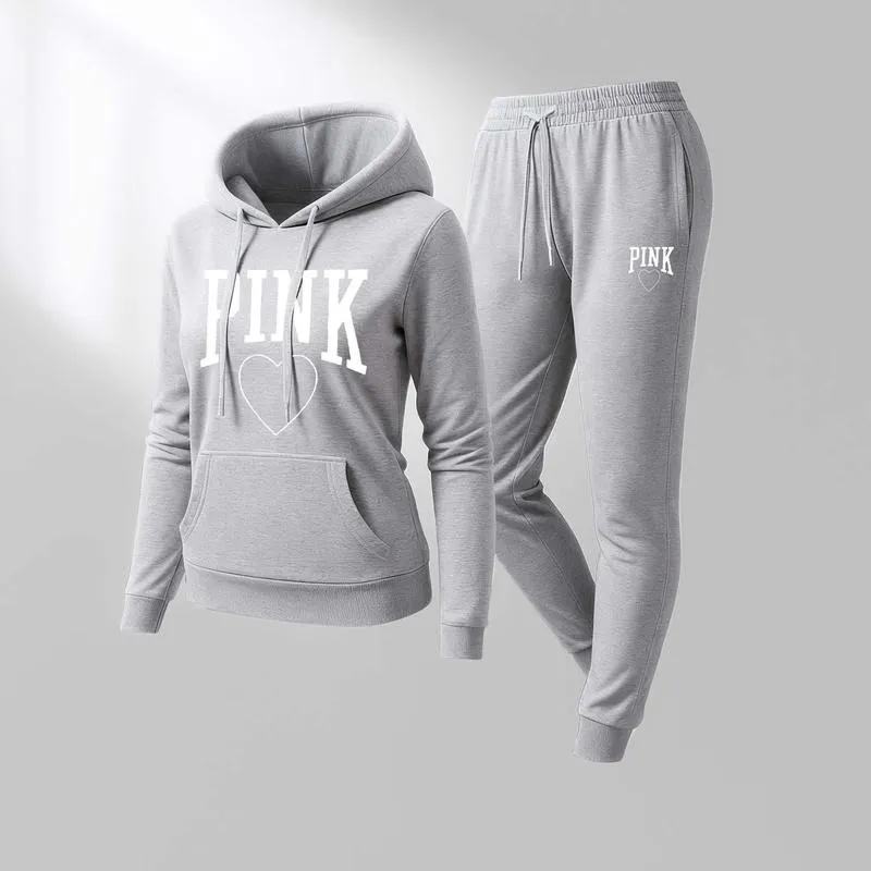 Women's Pink Heart Print Hair And Sunglasses Hoodie And Drawstring Track Pants Set