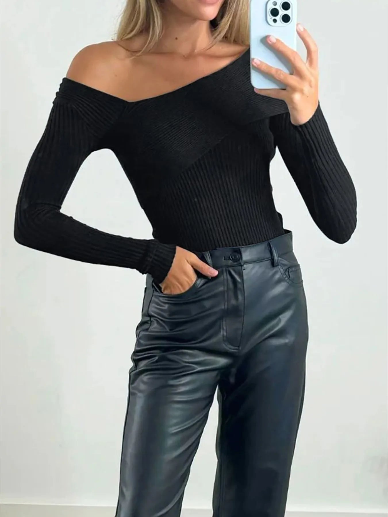 Off-Shoulder Ribbed Knit Top