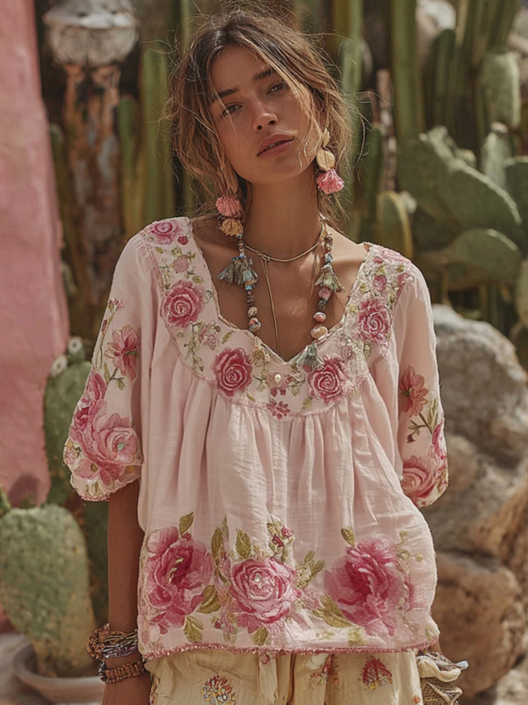 Women's Vintage Floral Art Embroidery Linen T-shirt