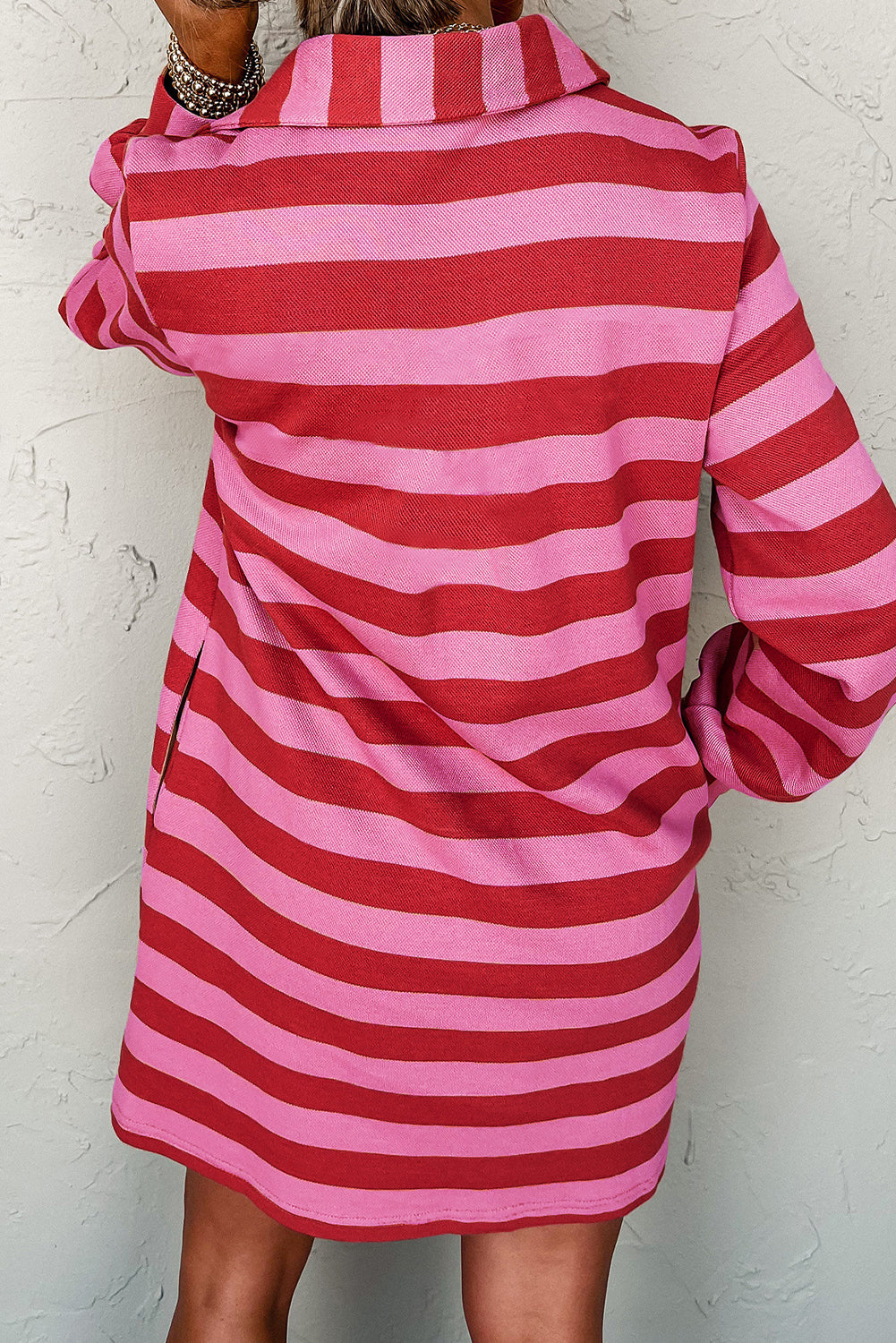 Black Stripe Polo Neck Shift Fit Sweatshirt Dress with Side Pockets
