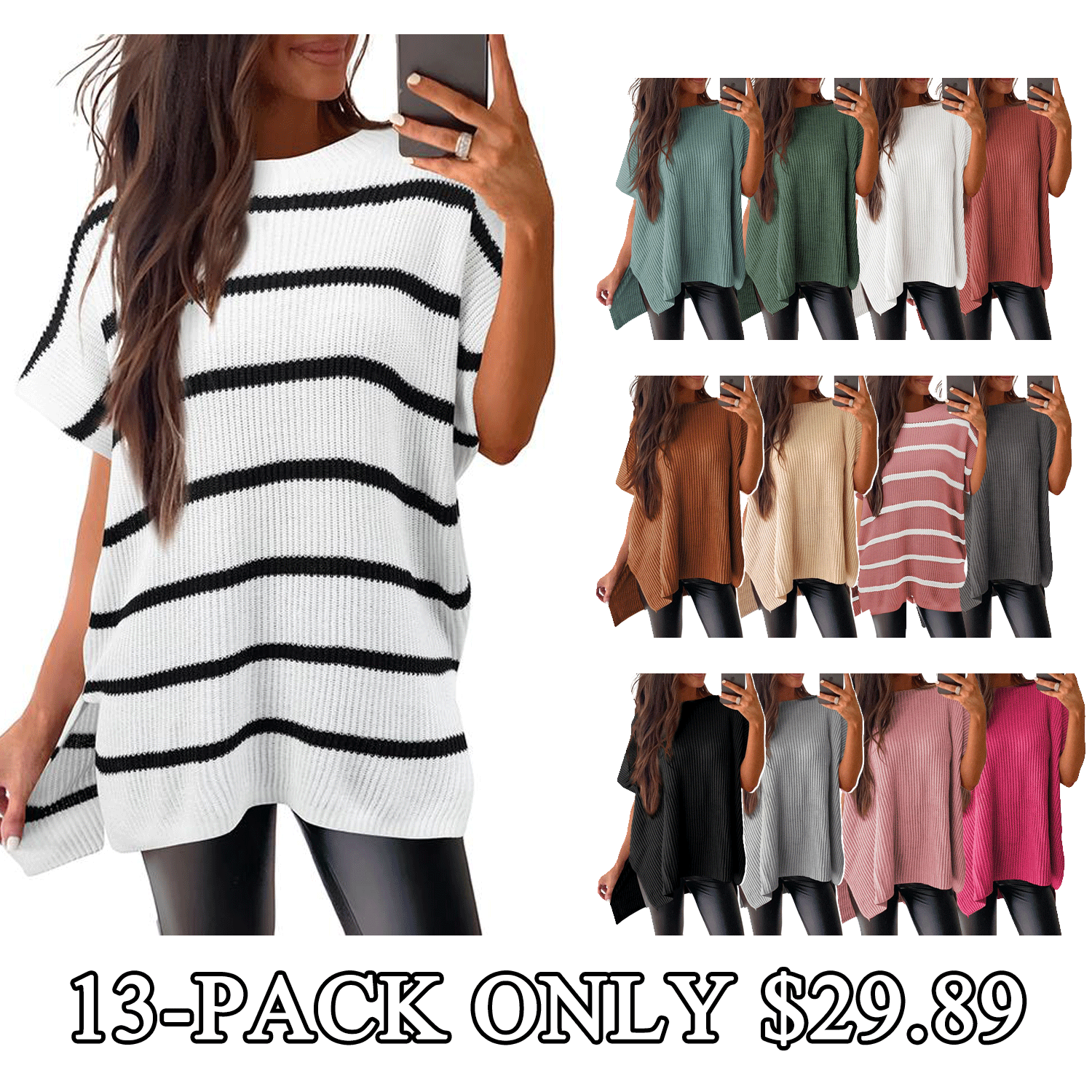 Women’s Oversized Ribbed Knit Top – Crew Neck Short Sleeve Pullover with Side Slit