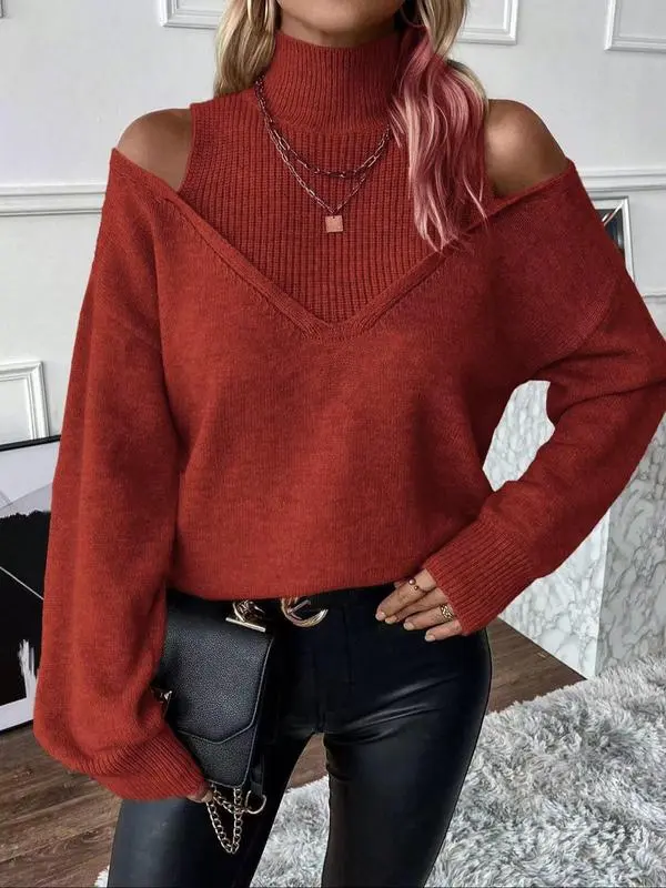 Women's Plain Cut Out High Neck Sweater
