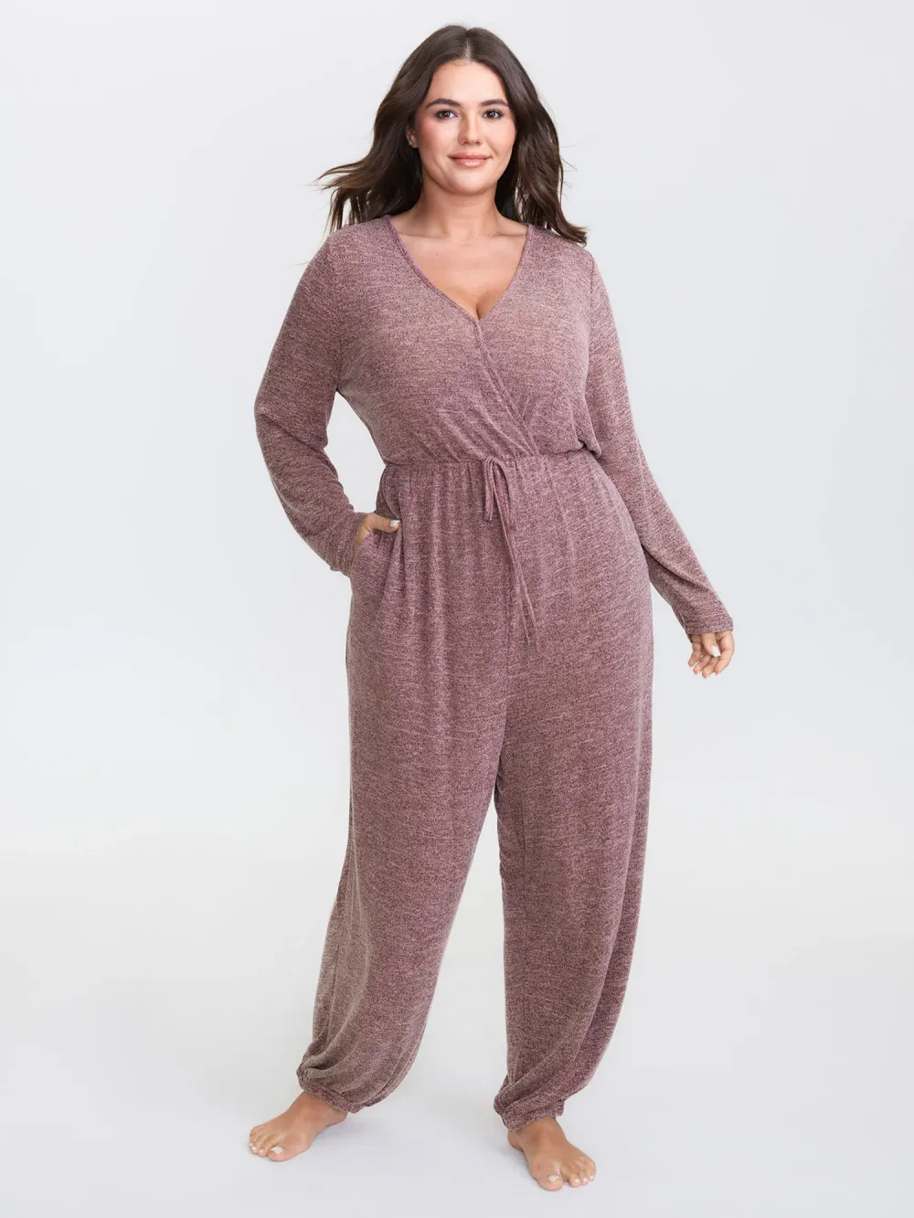 Soft Fitted Lounge Jumpsuit with Tie Neck & Side Pockets