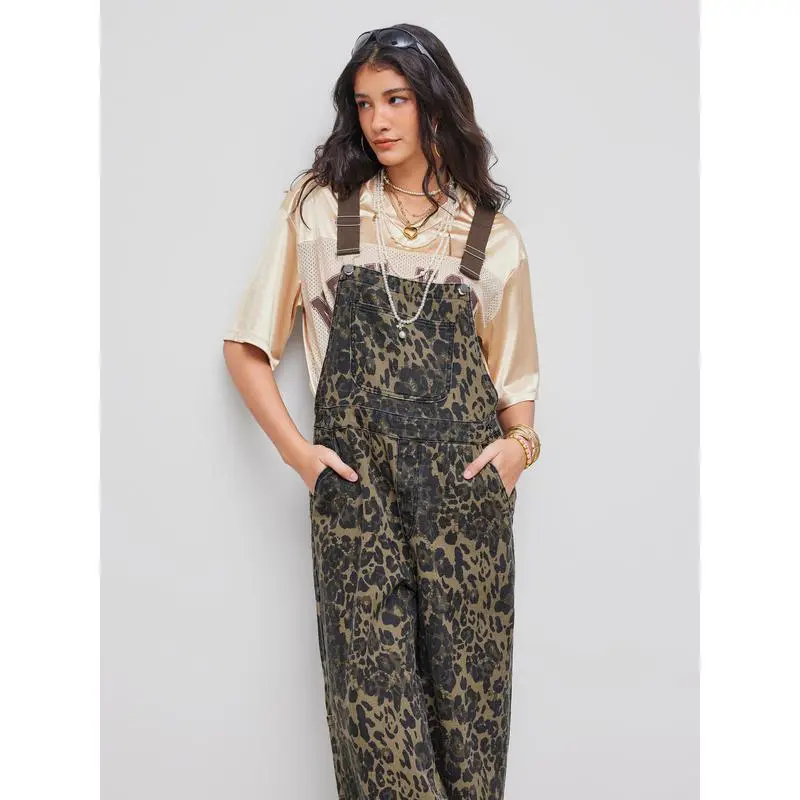 Women's Leopard Buckle Oversized Denim Wide Leg Jumpsuit