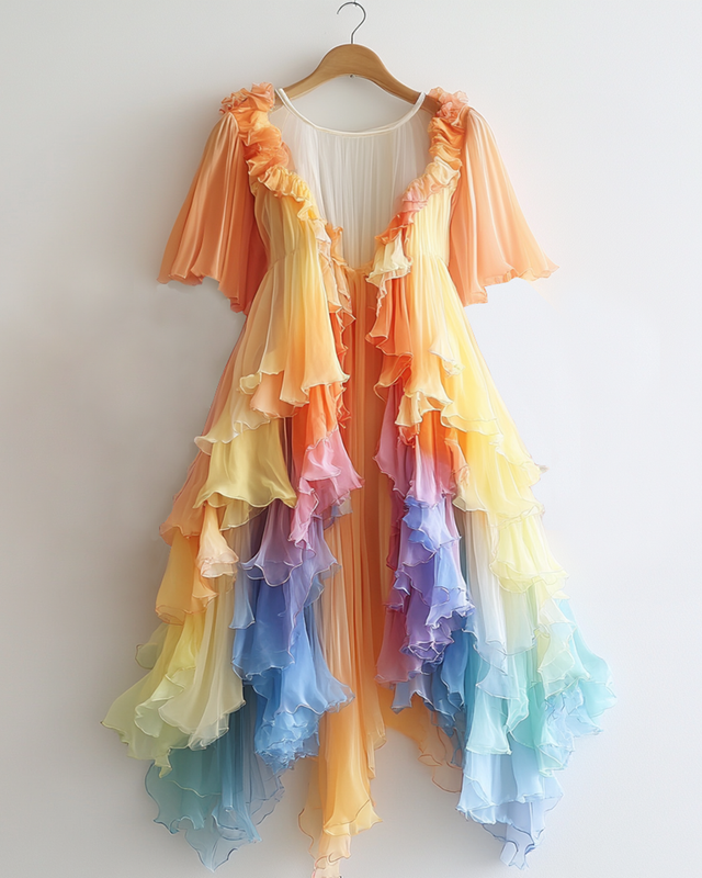 Rainbow gradient lotus leaf irregular chiffon cardigan d705