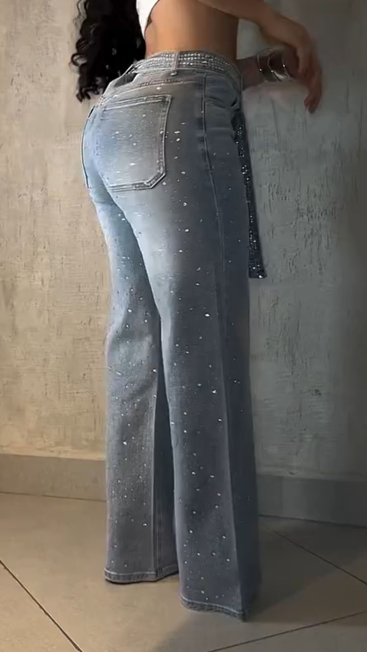 Women High Waisted Hot Pressed Diamond Temperament Casual Jeans