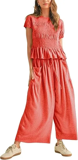 Womens 2 Piece Smocked Top Wide-Leg Pants Set