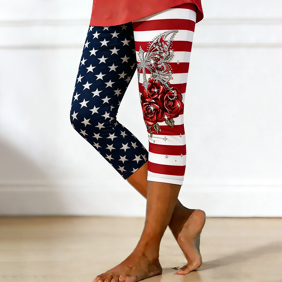Women's Asymmetrical American Flag Butterfly Rose Rhinestone Capri Leggings