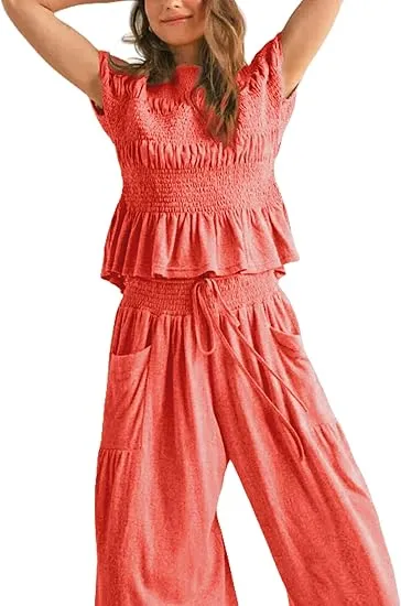 Womens 2 Piece Smocked Top Wide-Leg Pants Set