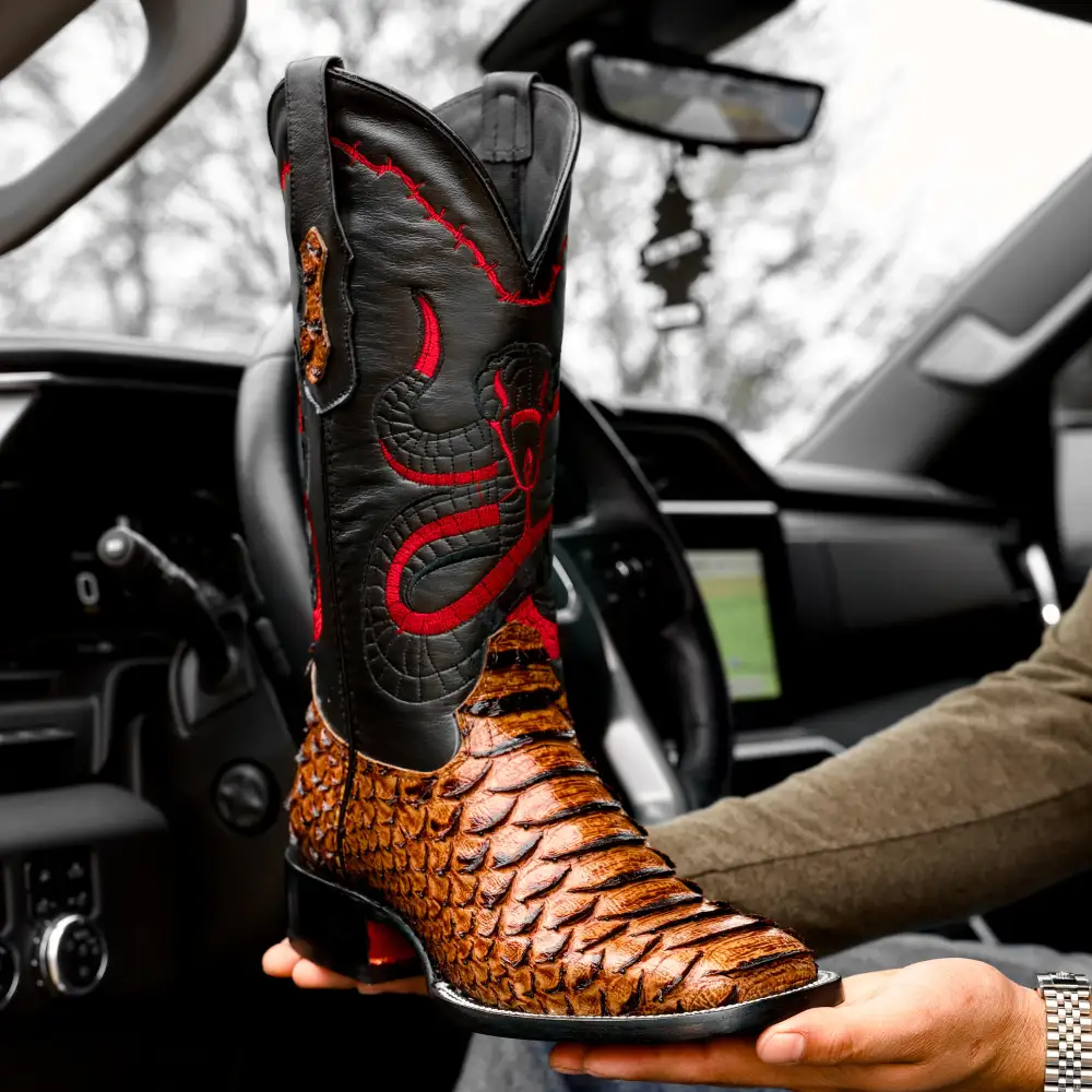 Honey Cognac Python Leather Boots - Square Toe