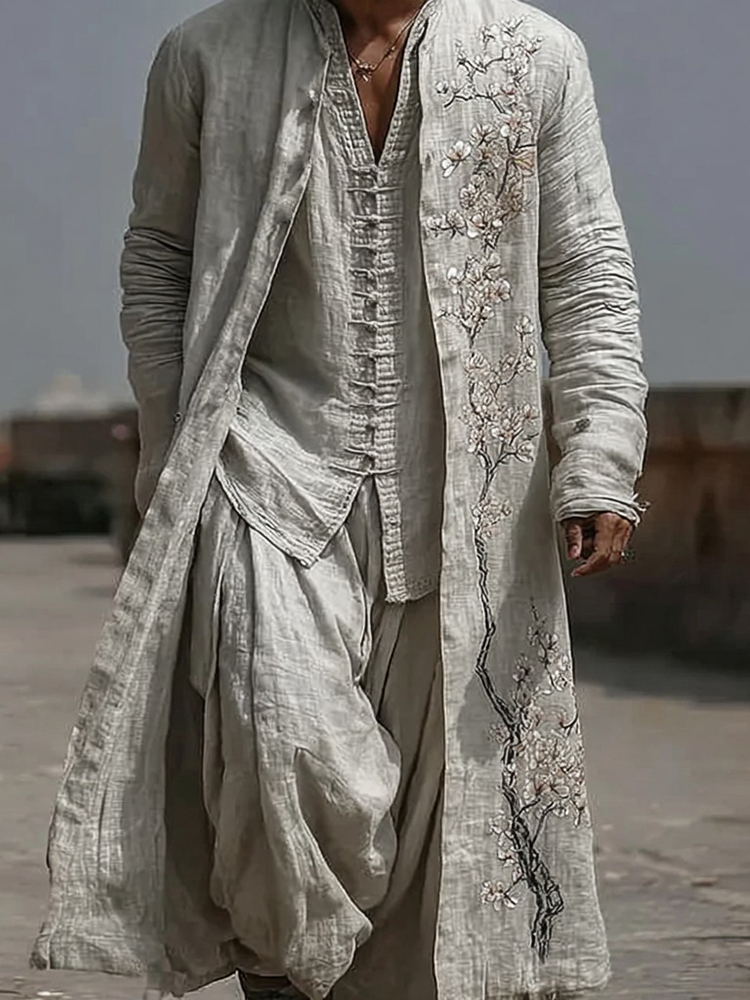 Men's Japanese-style Cherry Blossom Art Long Kimono