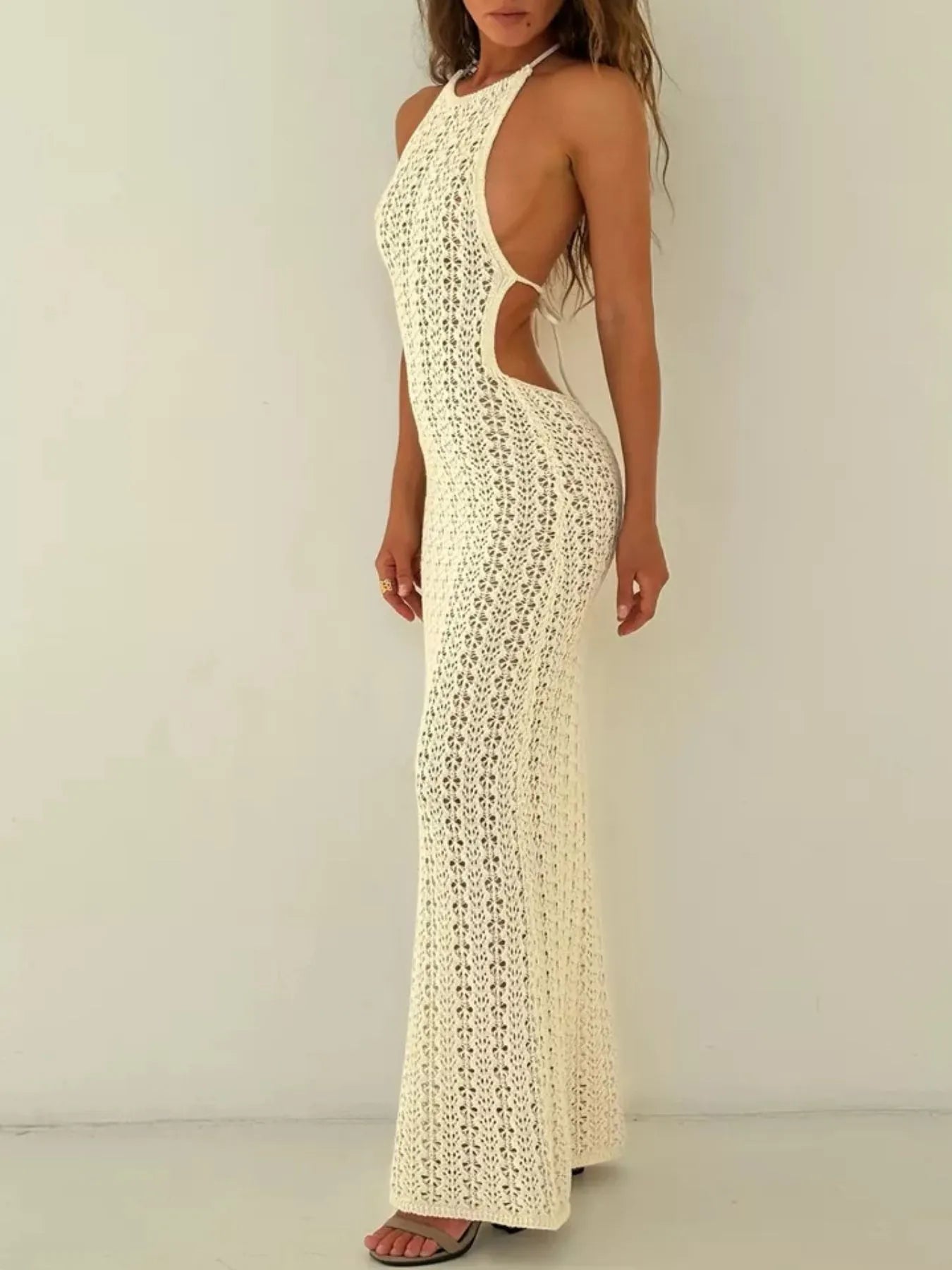 Crochet Halter Neck Bodycon Knit Cover Up Dress