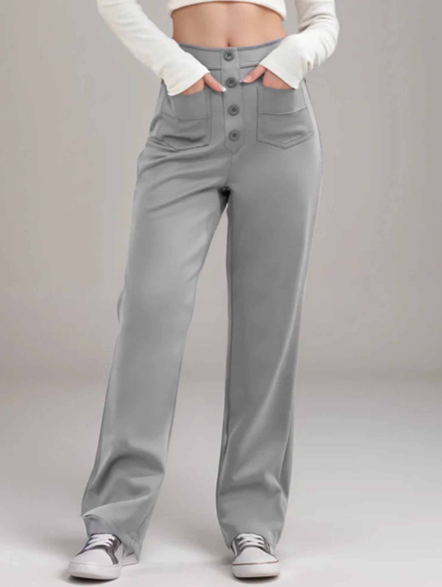High-waisted buttoned casual straight-leg pants