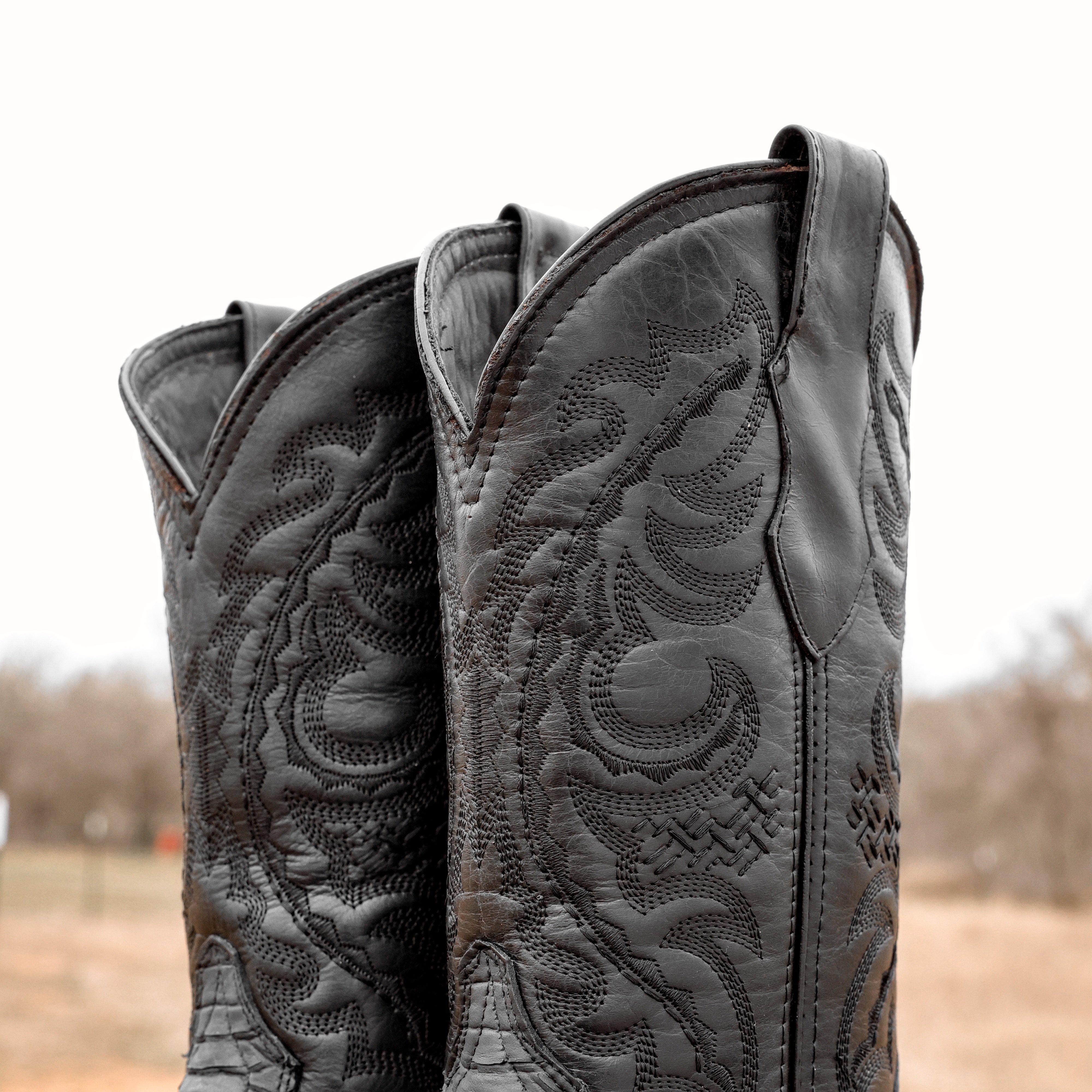 Matte Black Python Leather Boots - Square Toe