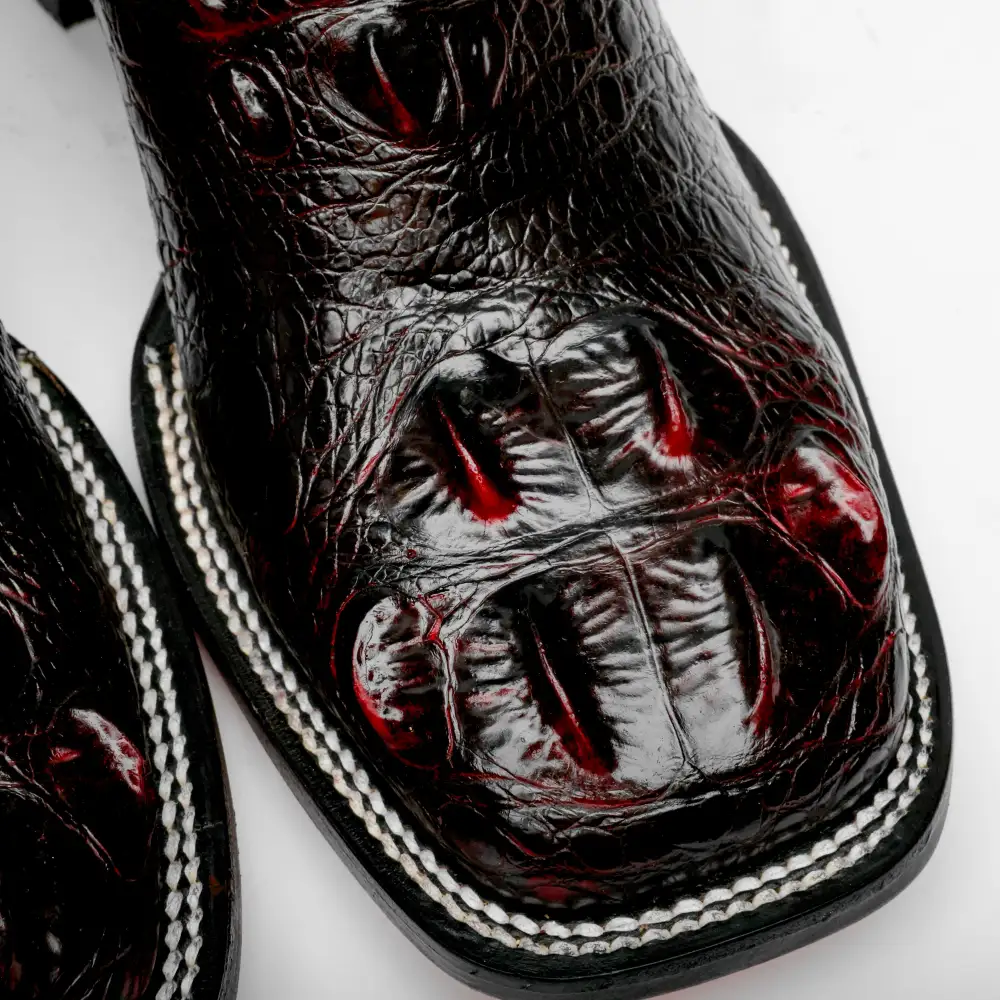 Black Cherry Giant Caiman Neck Leather Boots - Square Toe