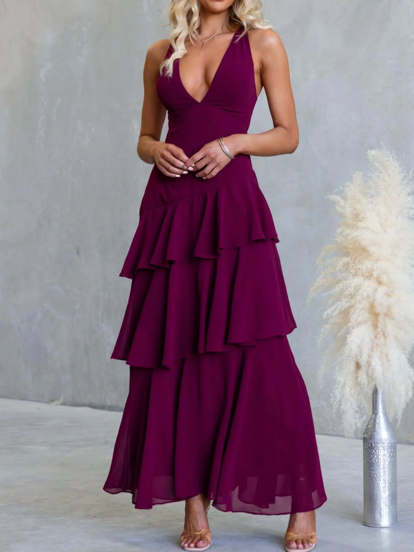 Sleeveless Ruffled Layered Backless Maxi Dress