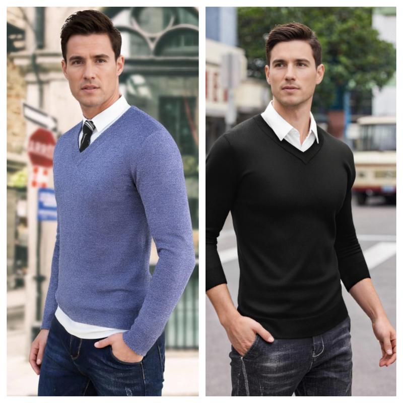 Fall Outfits 2-Pack Knitted Ribbed V-neck Casual Jumper Knitwear Classic Fabric Fashion Menswear Shirt Soft Sweater Office