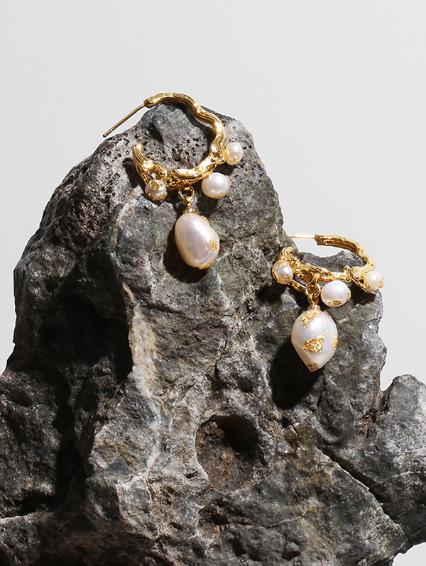 Gold Foil French Baroque Vintage Natural Pearl Earrings