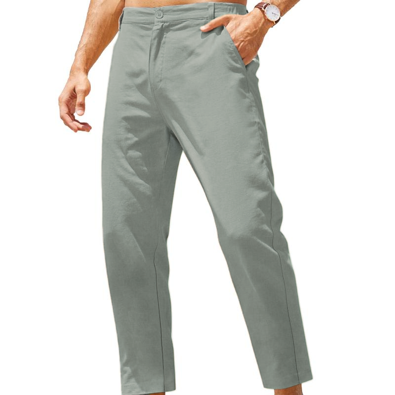 Men’s Lightweight Cotton Linen Elastic Waist Pants (Slim Fit with Pockets)