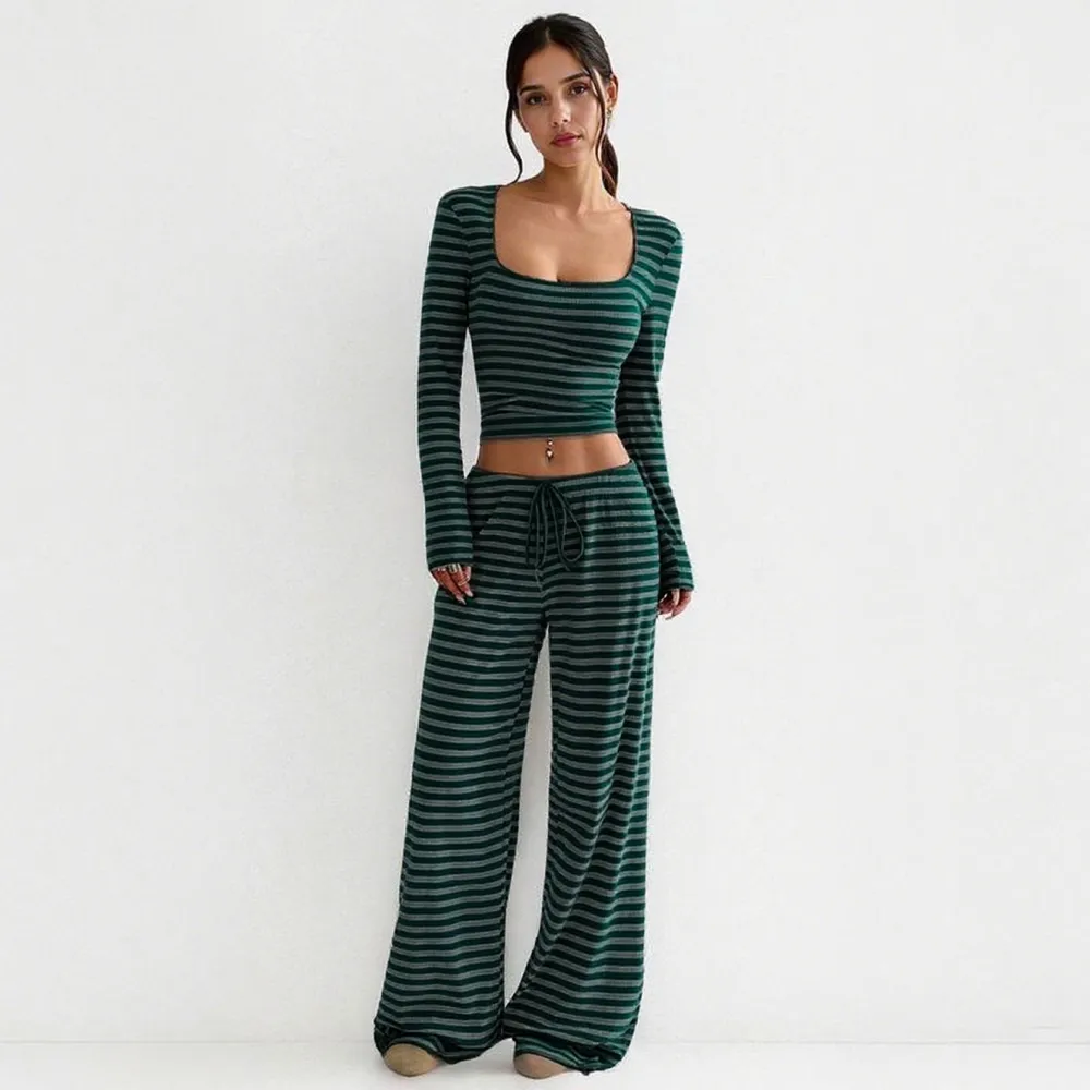 Women's Stripe Square Neck Long Sleeve Crop Top & Wide Leg Trousers Set