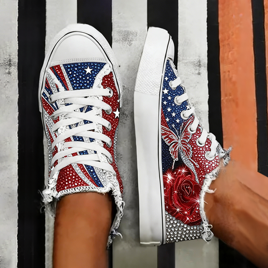 Women's Patriotic American Flag Butterfly Rose Rhinestone Fringe Sneakers