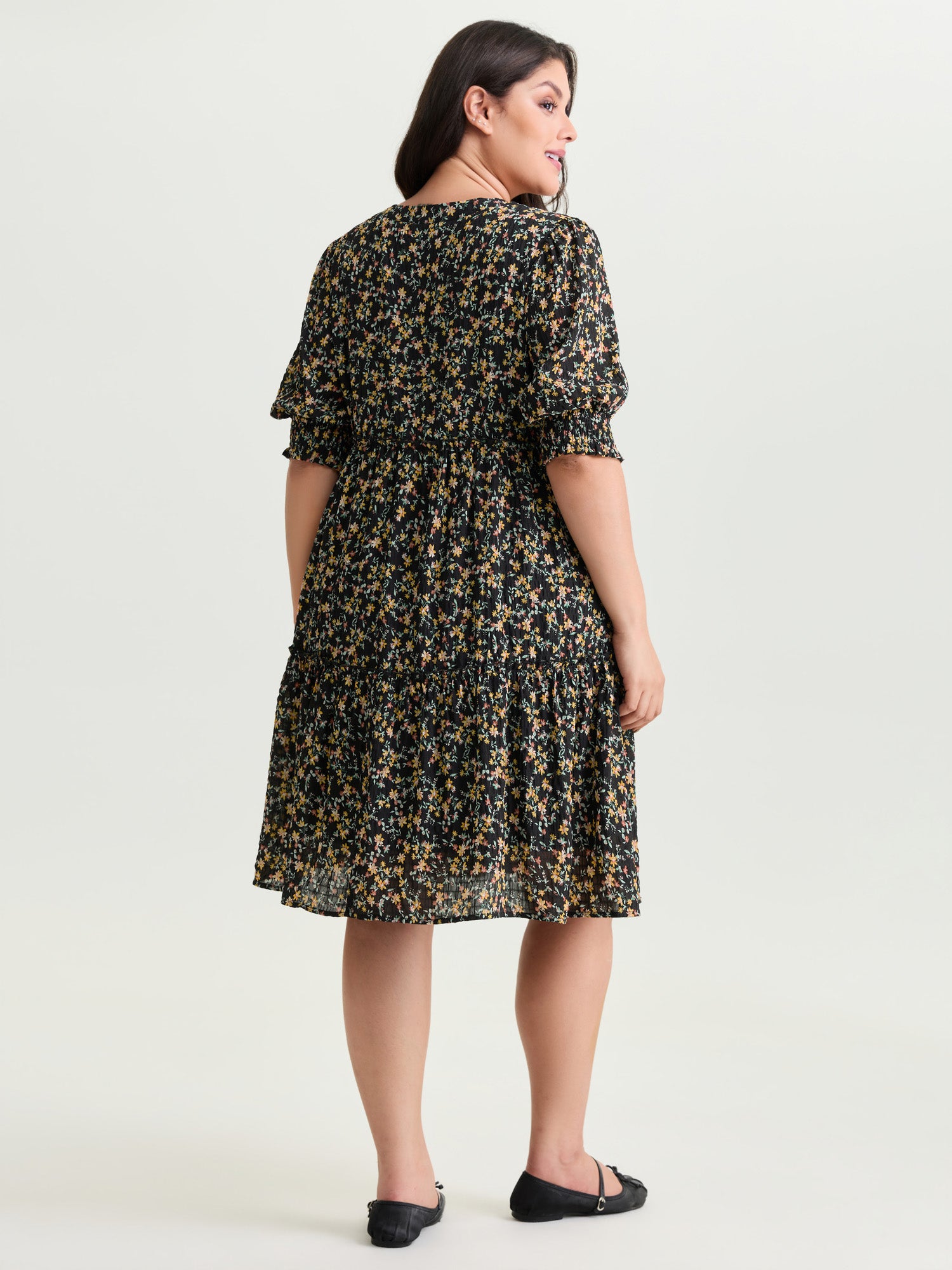 Micro Floral Print Shirred Cuff Mini Dress