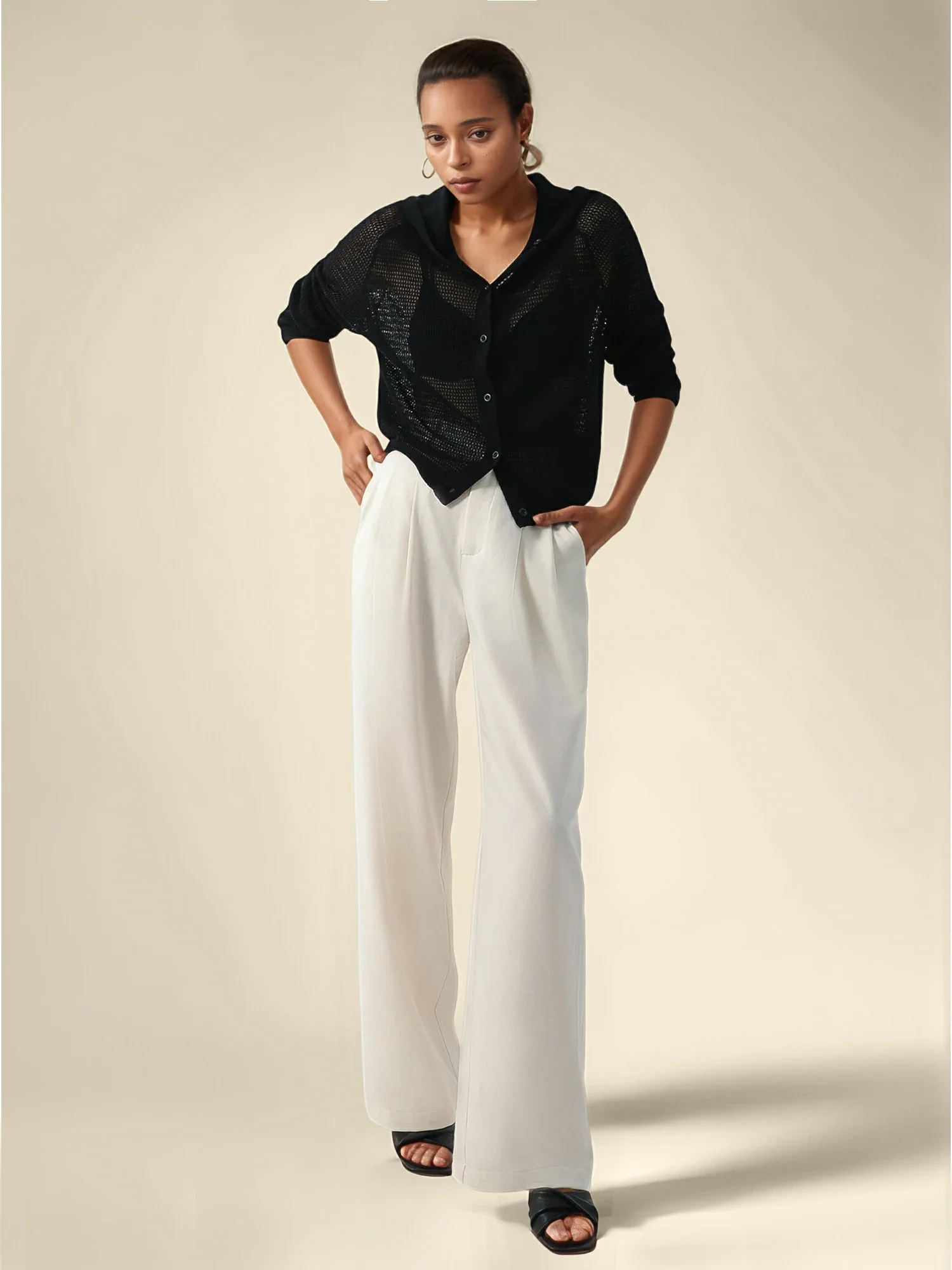 Linen & Lyocell Hooded Long Sleeve Hollow Cardigan