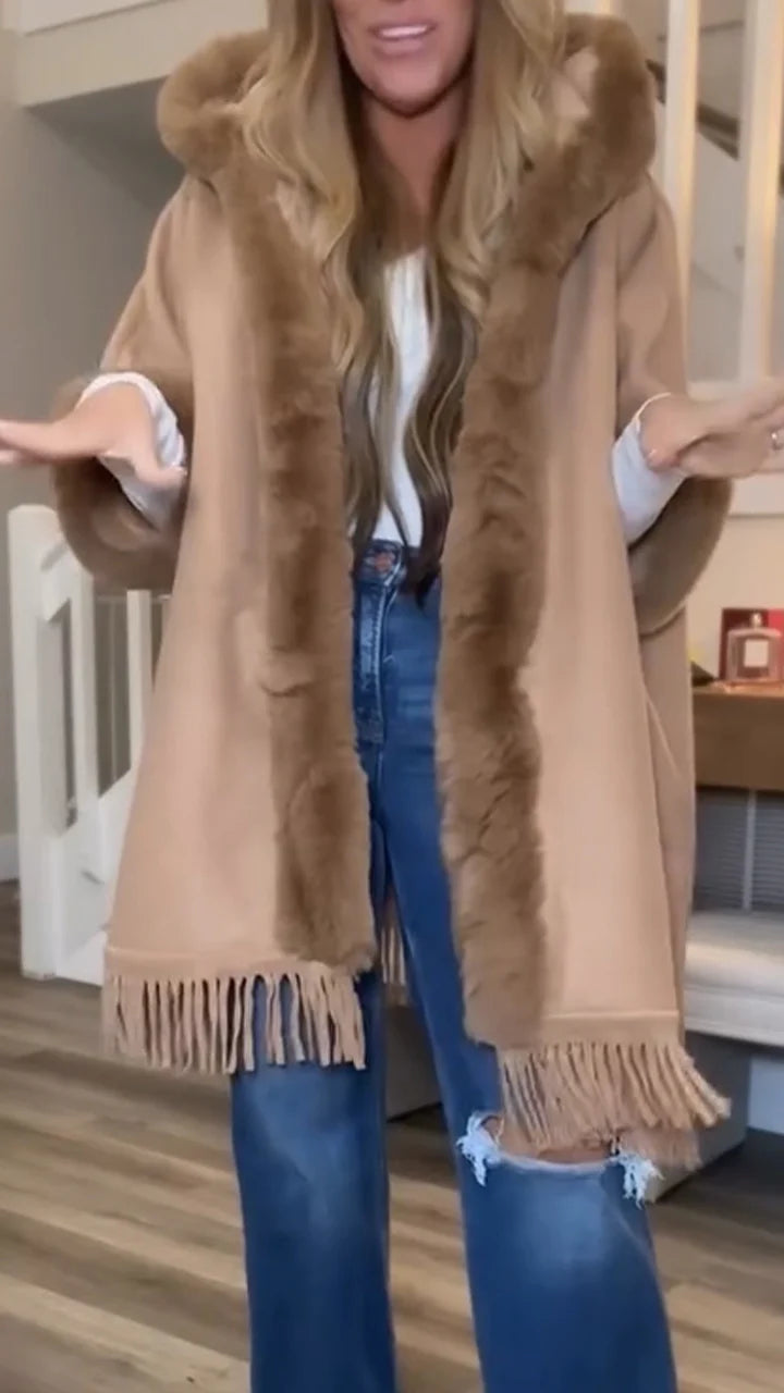 Women Fur Collar Hooded Tassel Casual Coat