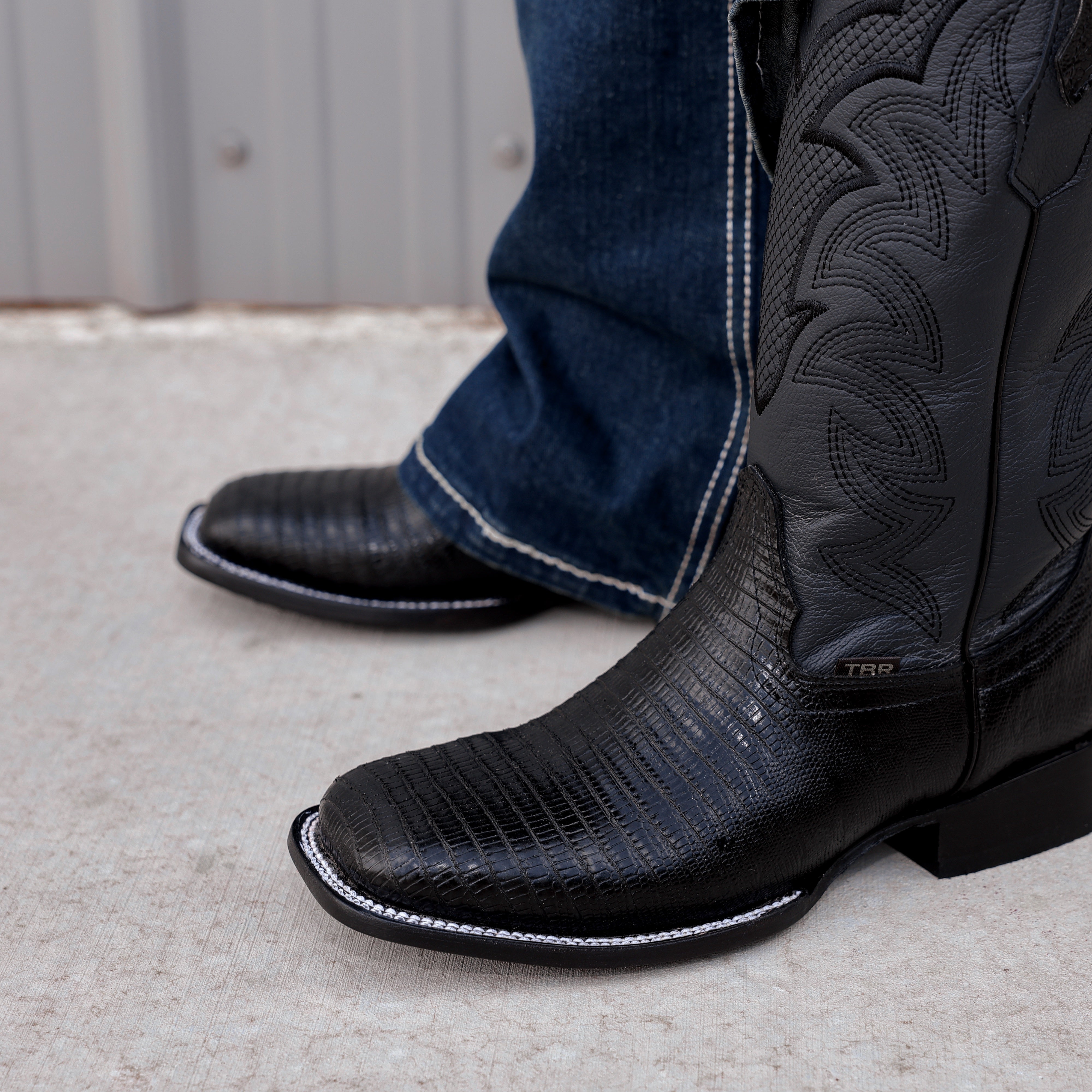 Black Lizard Leather Boots - Square Toe