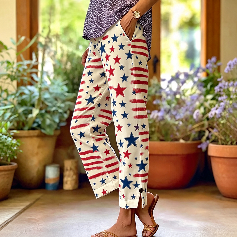 Women's Retro Pentagram Cotton Linen Printed Casual Pants