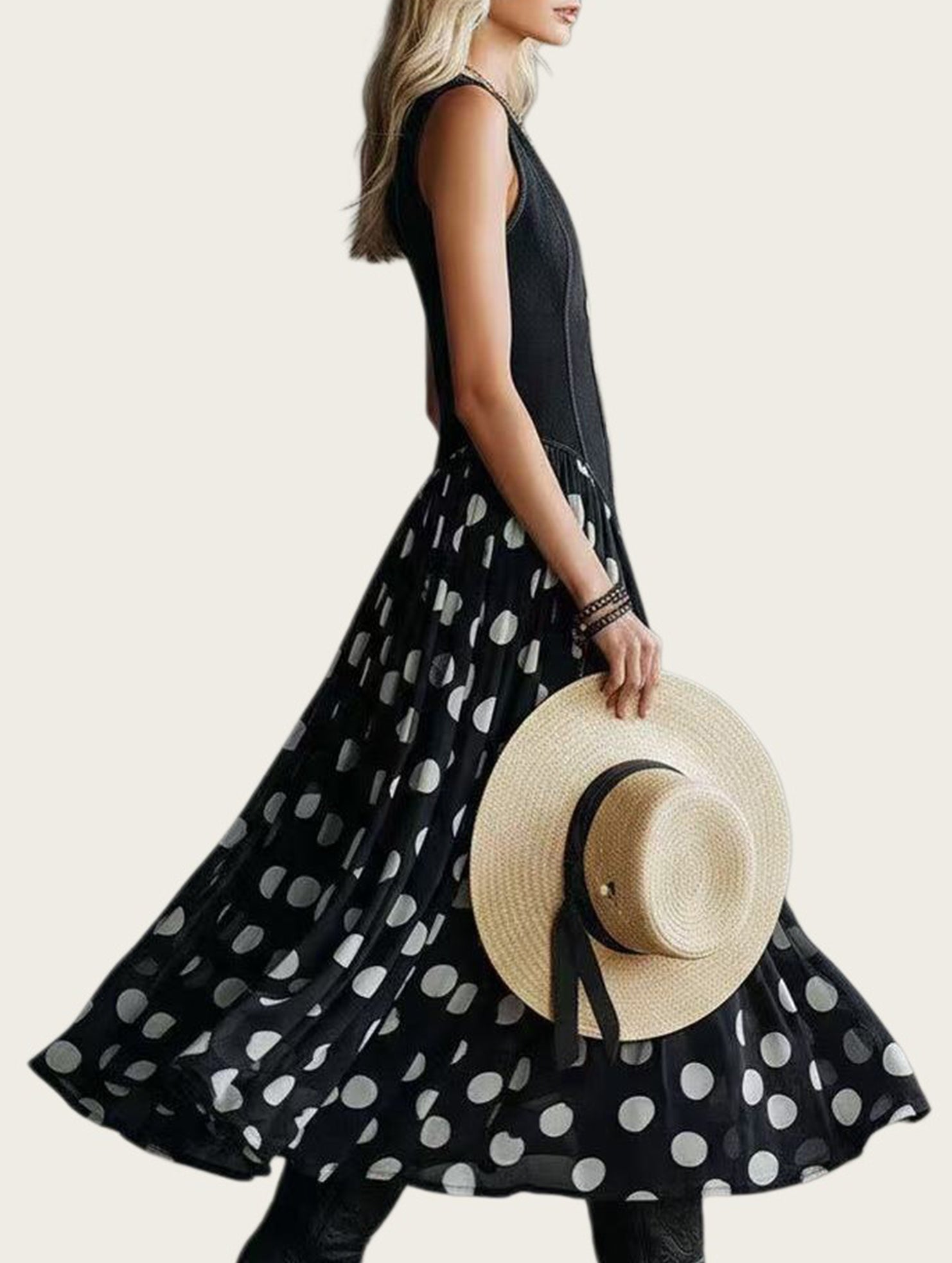 Denim Patch Polka Dot Maxi Dress