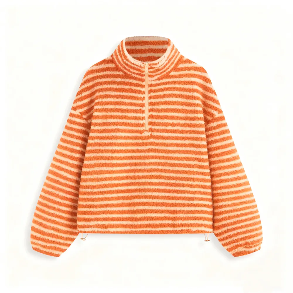 Fleece Stripe Stand Collar Drawstring Half Zip Oversized Sweatshirt